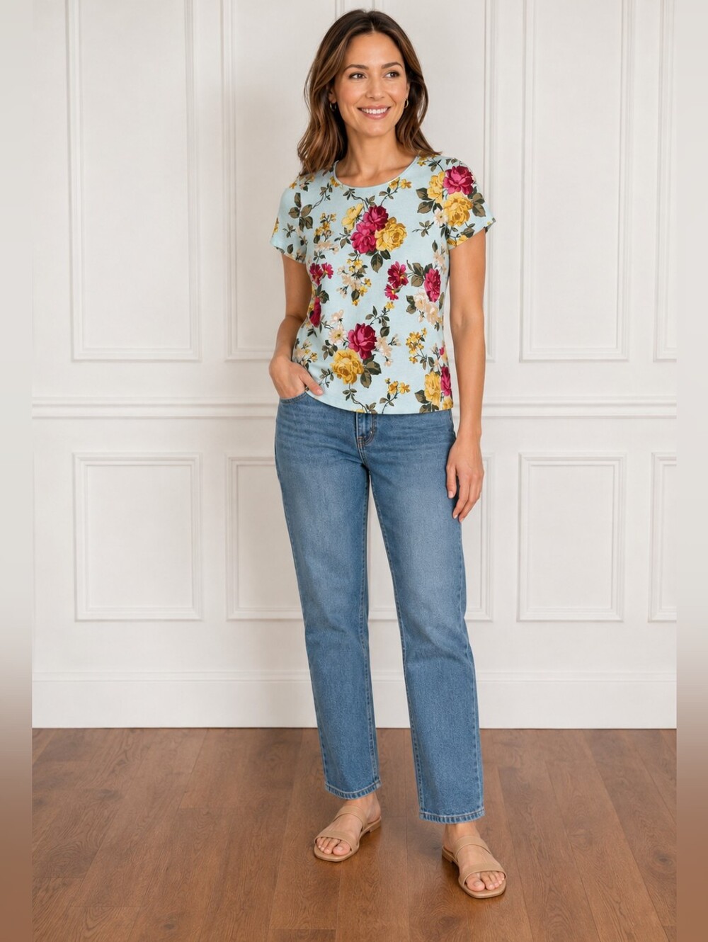 Karen Scott Light Blue Short-Sleeve Tee w/ Pink & Yellow Floral Pattern Size: PP